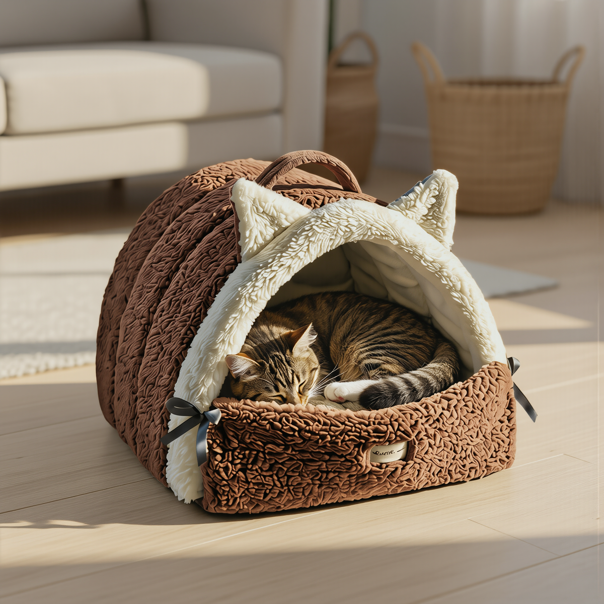 Kahverengi PatiKoza kedi yatağında uyuyan kedi