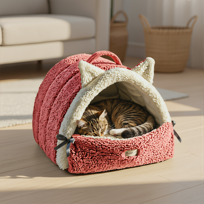 Pembe PatiKoza kedi yatağında uyuyan kedi