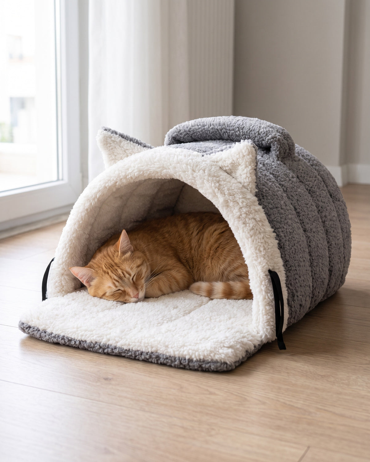Gri PatiKoza kedi yatağı ev ortamında, içinde uyuyan kedi