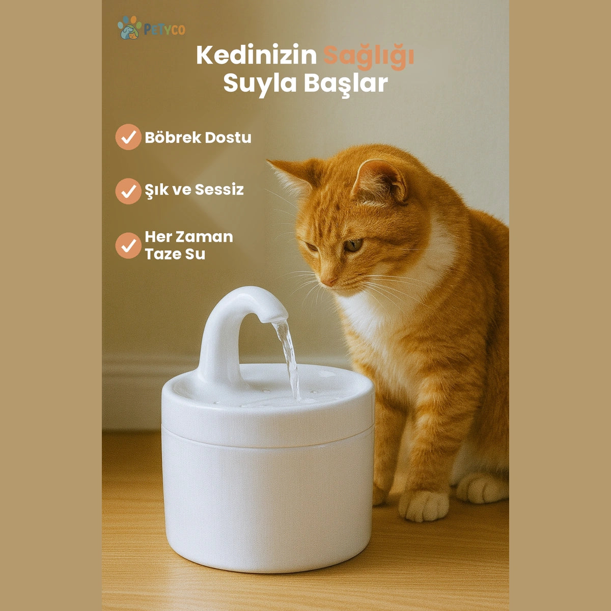 Petyco Hazen Care Seramik Kedi Su Pınarı – 1,5 L, Ultra Sessiz, Aktif Karbon Filtreli