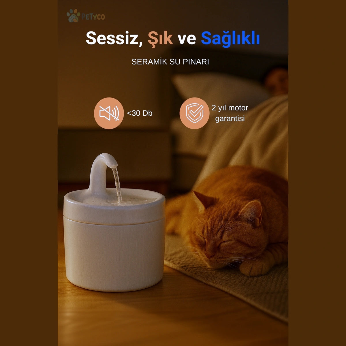 Petyco Hazen Care Seramik Kedi Su Pınarı – 1,5 L, Ultra Sessiz, Aktif Karbon Filtreli