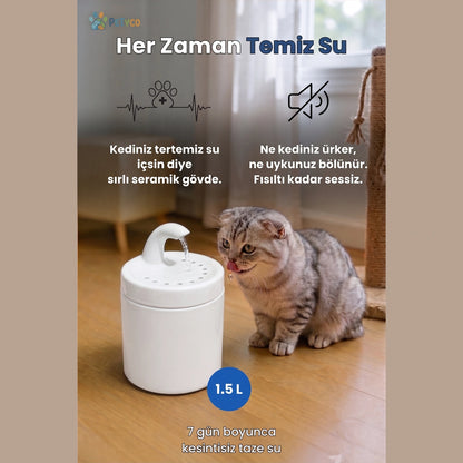 Petyco Hazen Care Seramik Kedi Su Pınarı – 1,5 L, Ultra Sessiz, Aktif Karbon Filtreli