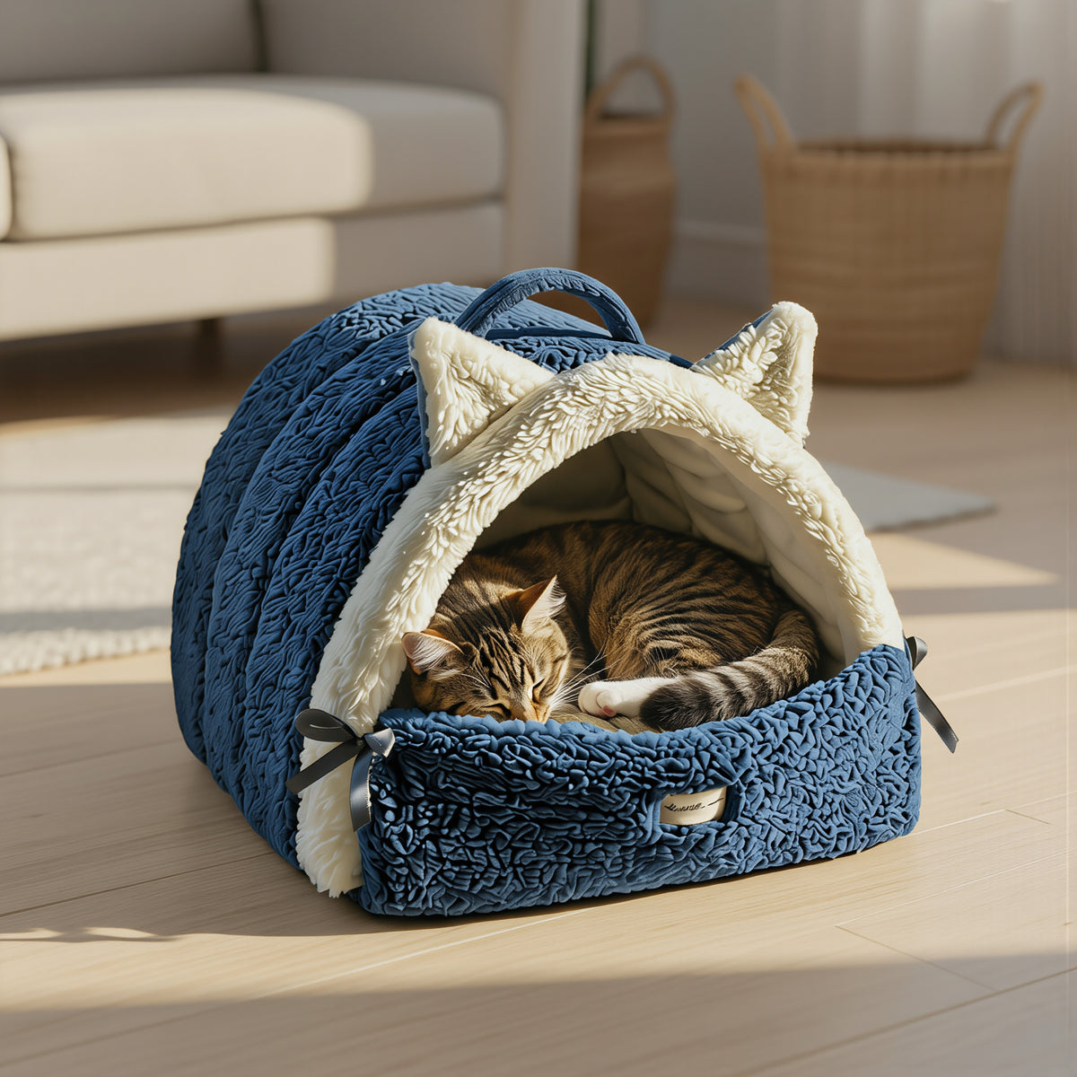 Mavi PatiKoza kedi yatağında uyuyan kedi