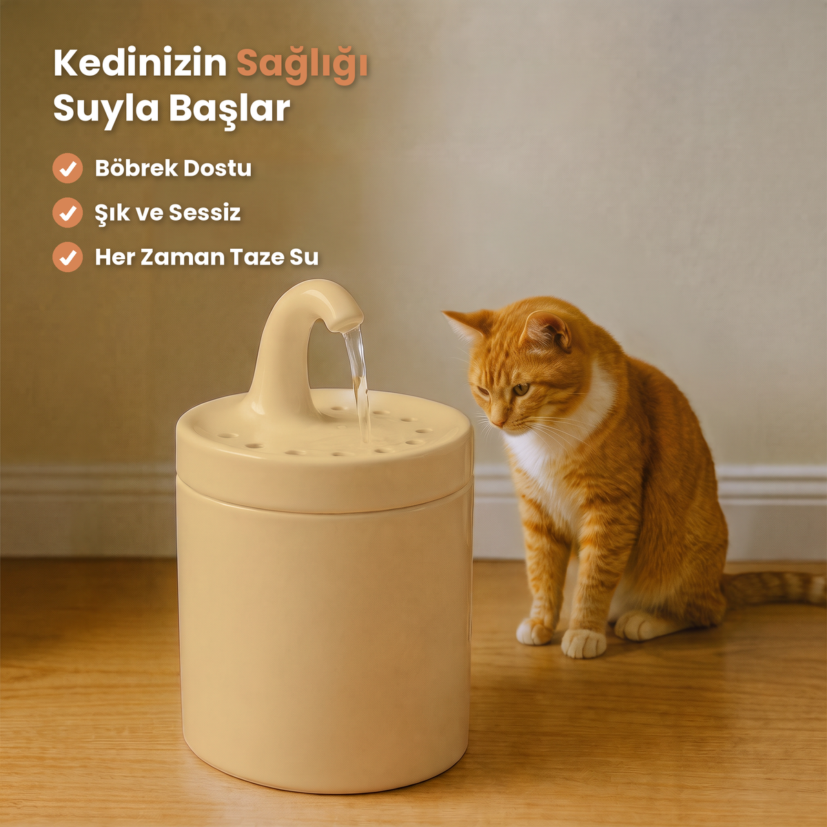 Bej Petyco seramik kedi su pinari
