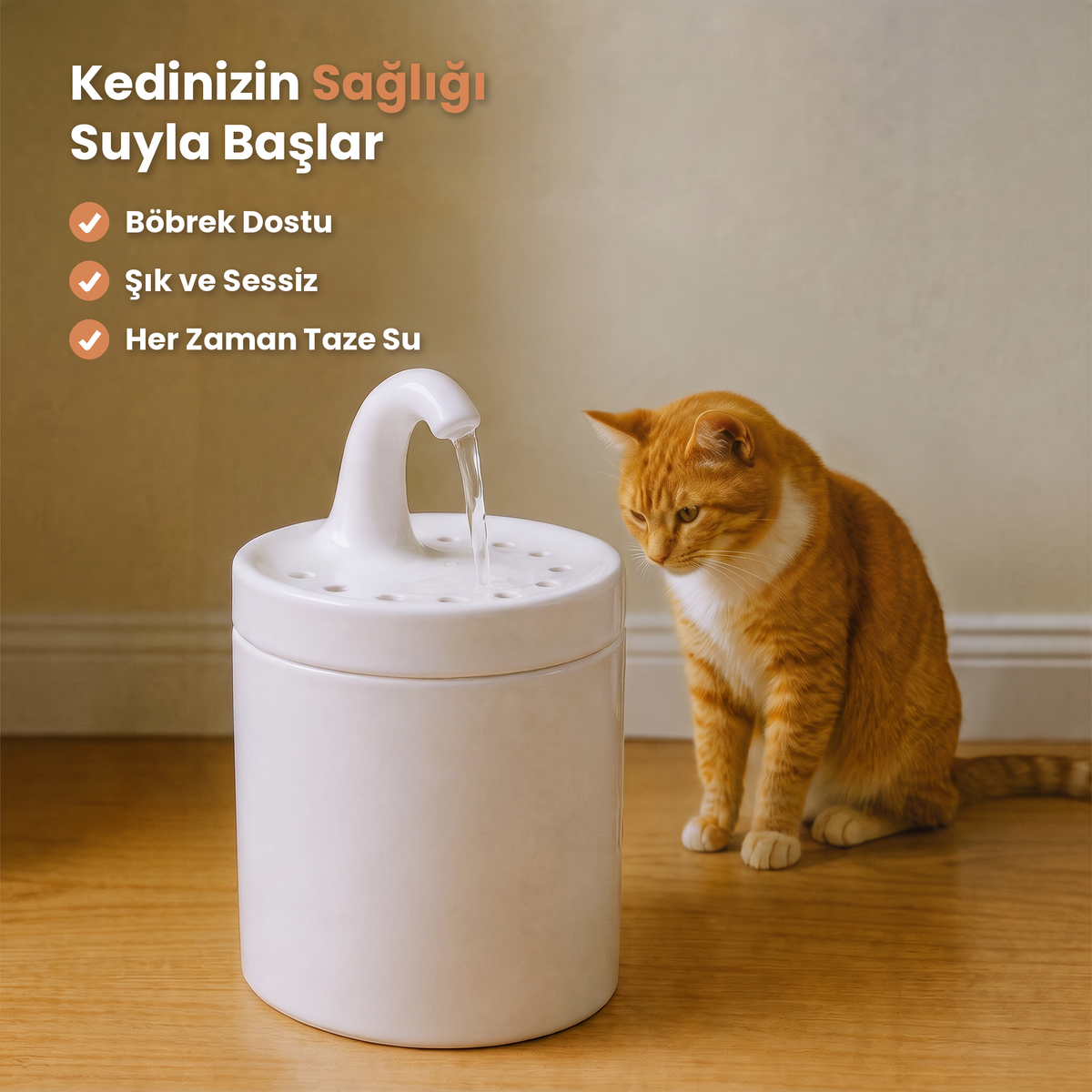 Beyaz Petyco seramik kedi su pinari