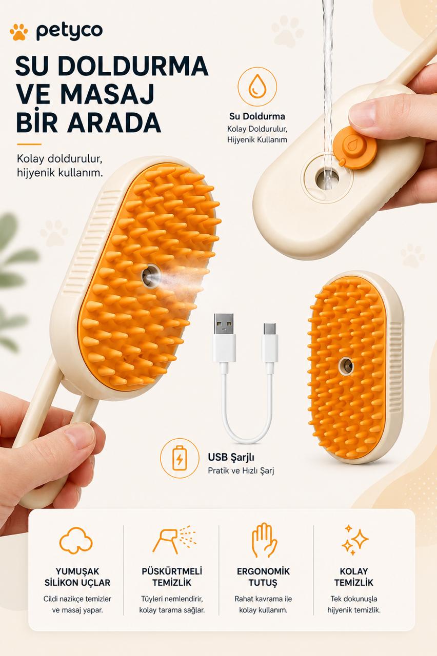 Petyco buharlı fırça su doldurma ve masaj özelliği, USB şarjlı