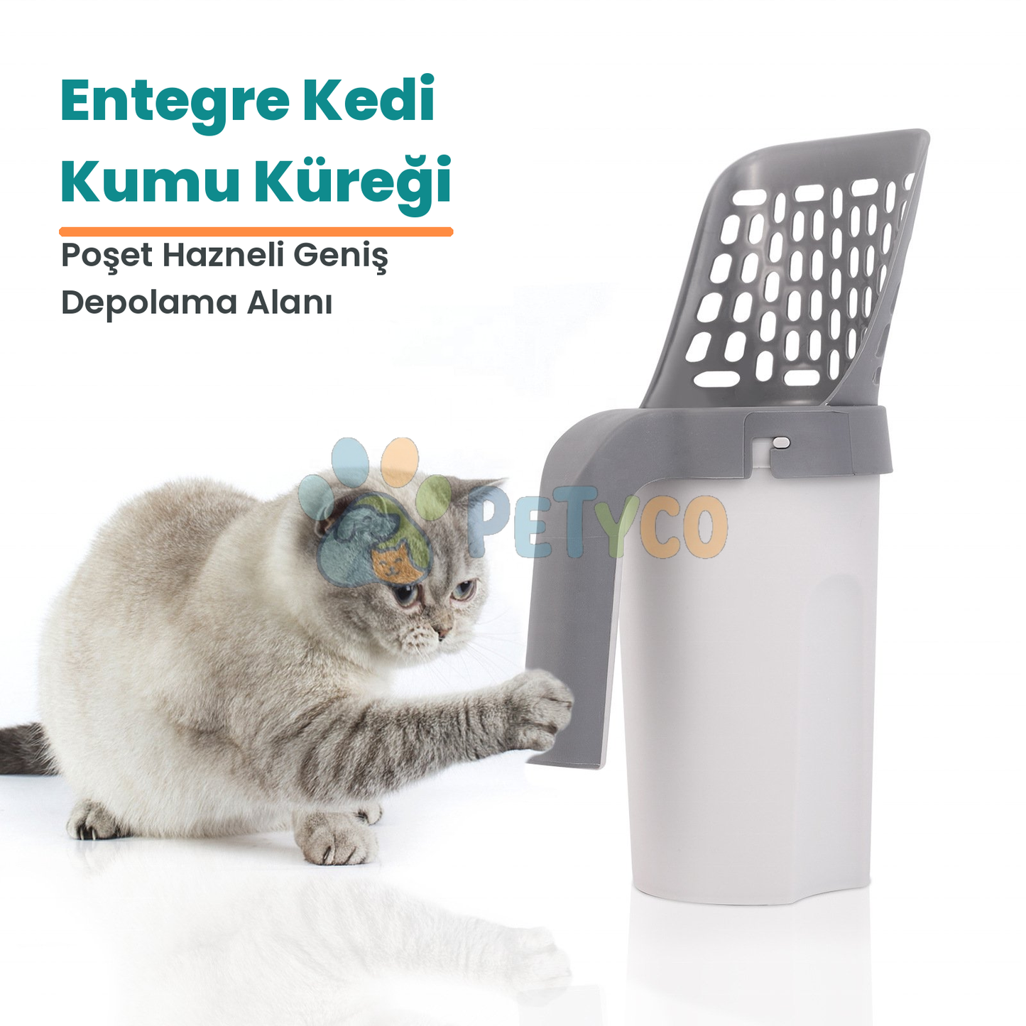 Petyco entegre kedi kumu küreği - poşet hazneli geniş depolama