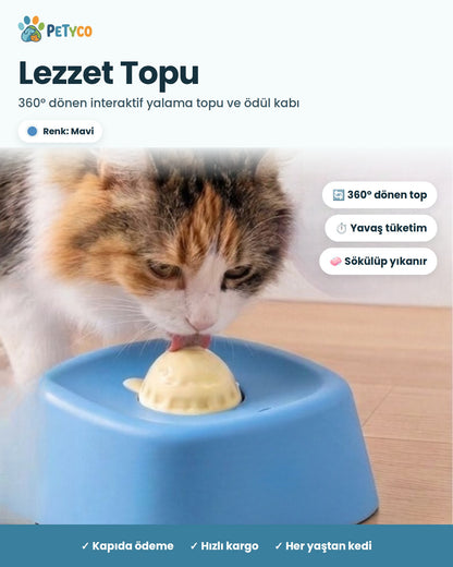 Mavi Petyco Lezzet Topu interaktif kedi yalama topu ve ödül kabı