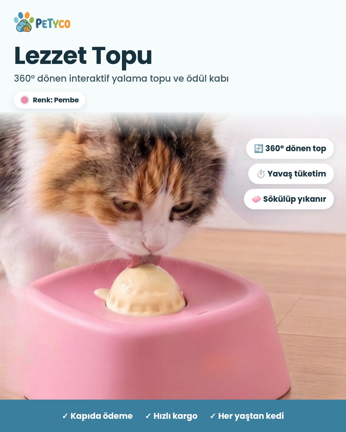 Pembe Petyco Lezzet Topu interaktif kedi yalama topu ve ödül kabı