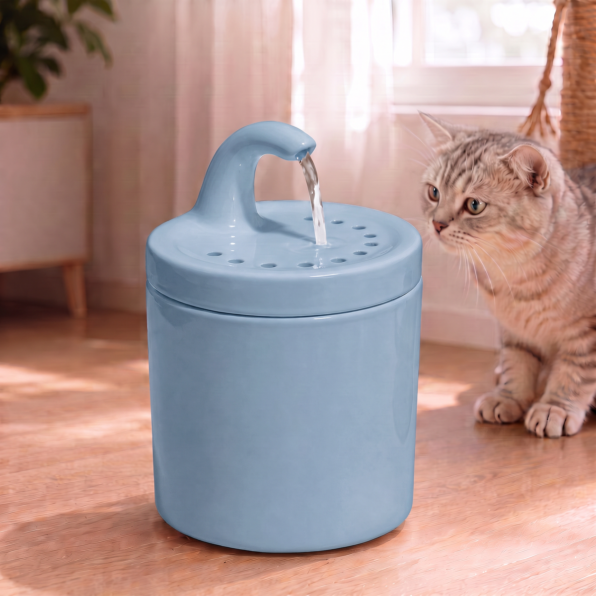 Mavi Petyco seramik kedi su pinari