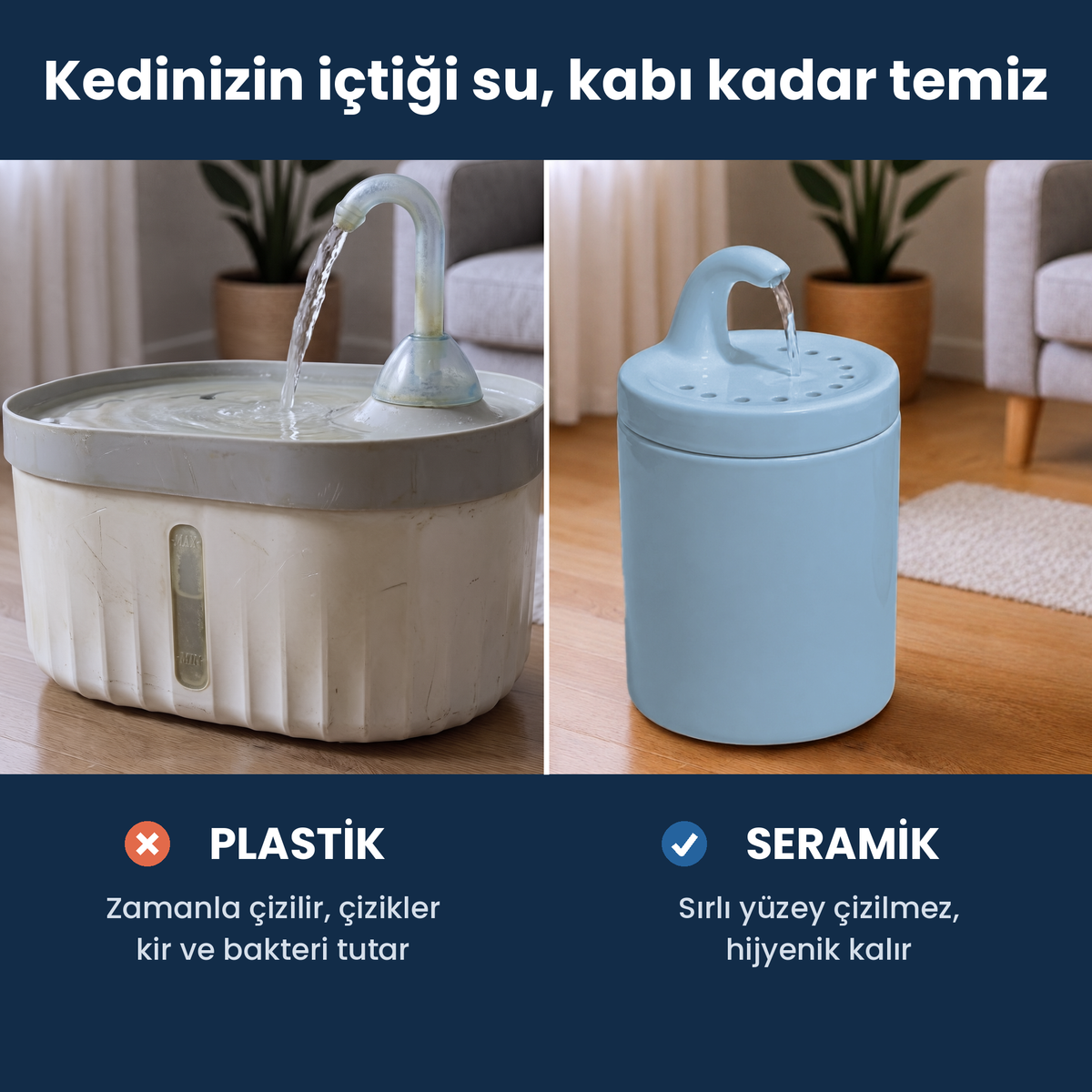 Mavi Petyco seramik kedi su pinari
