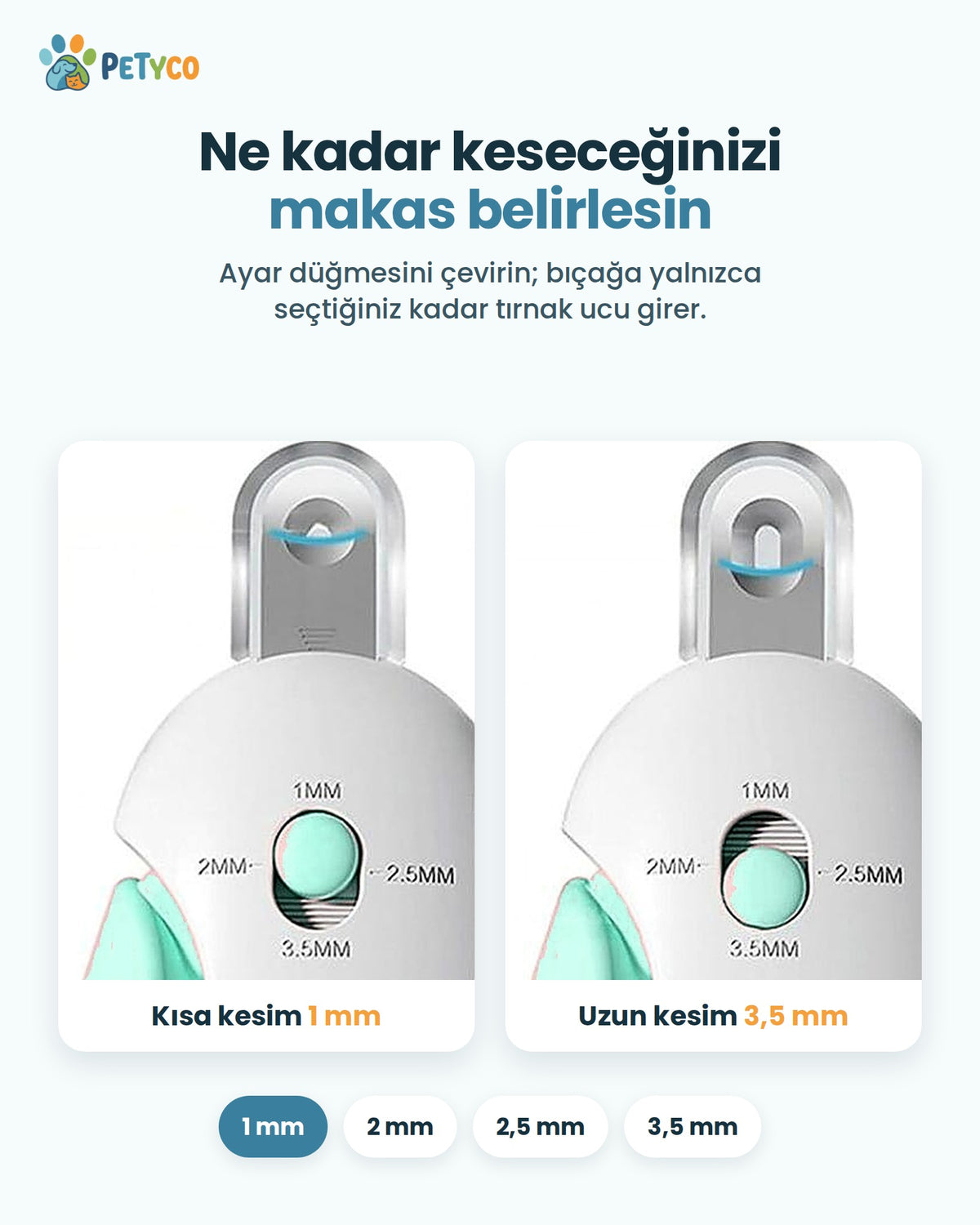 4 kademe mm kesim ayarı: 1 mm ve 3,5 mm