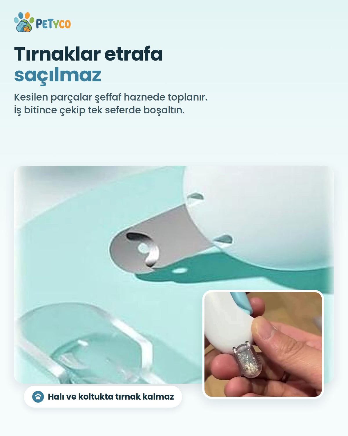 Kesilen tırnakları toplayan şeffaf hazne