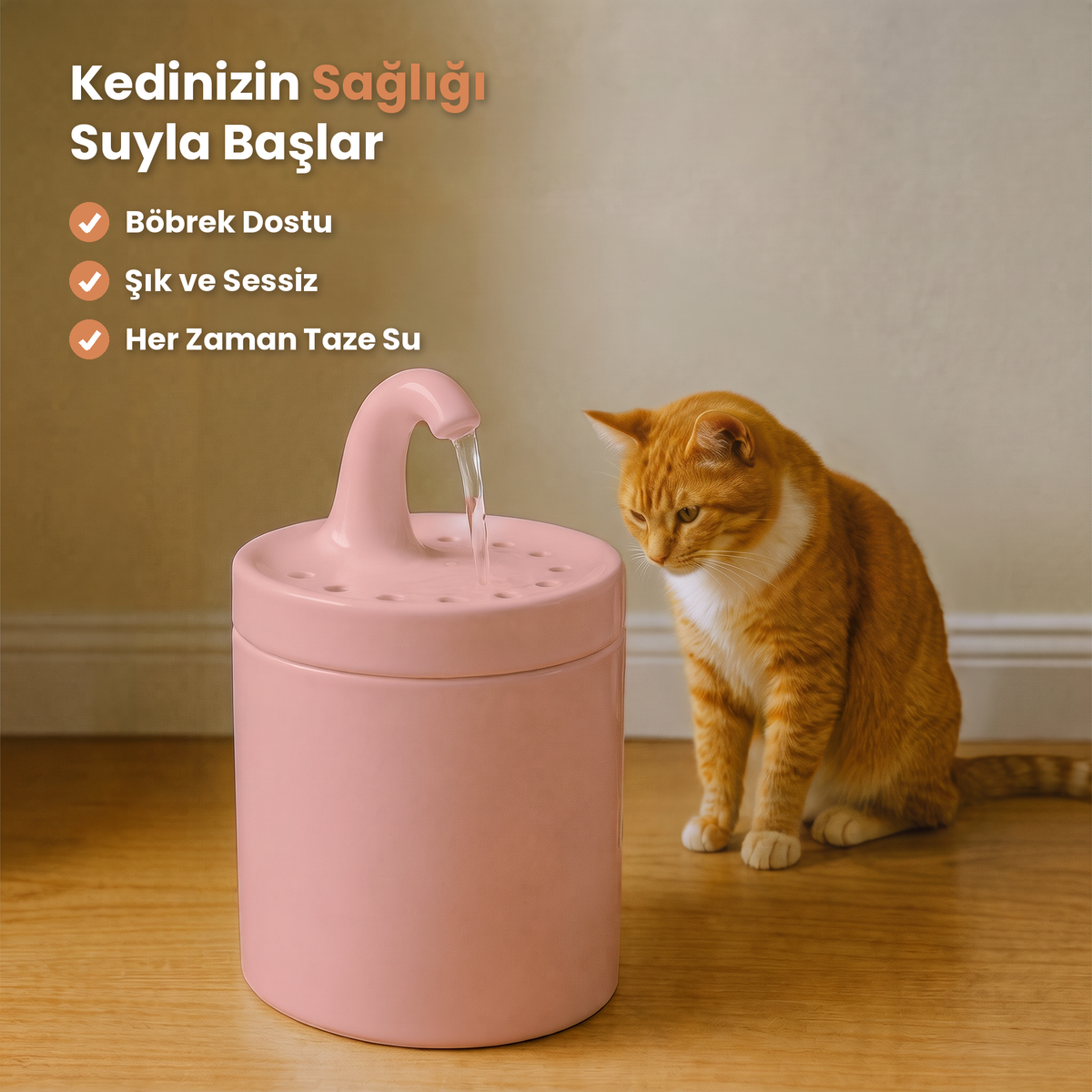 Pembe Petyco seramik kedi su pinari