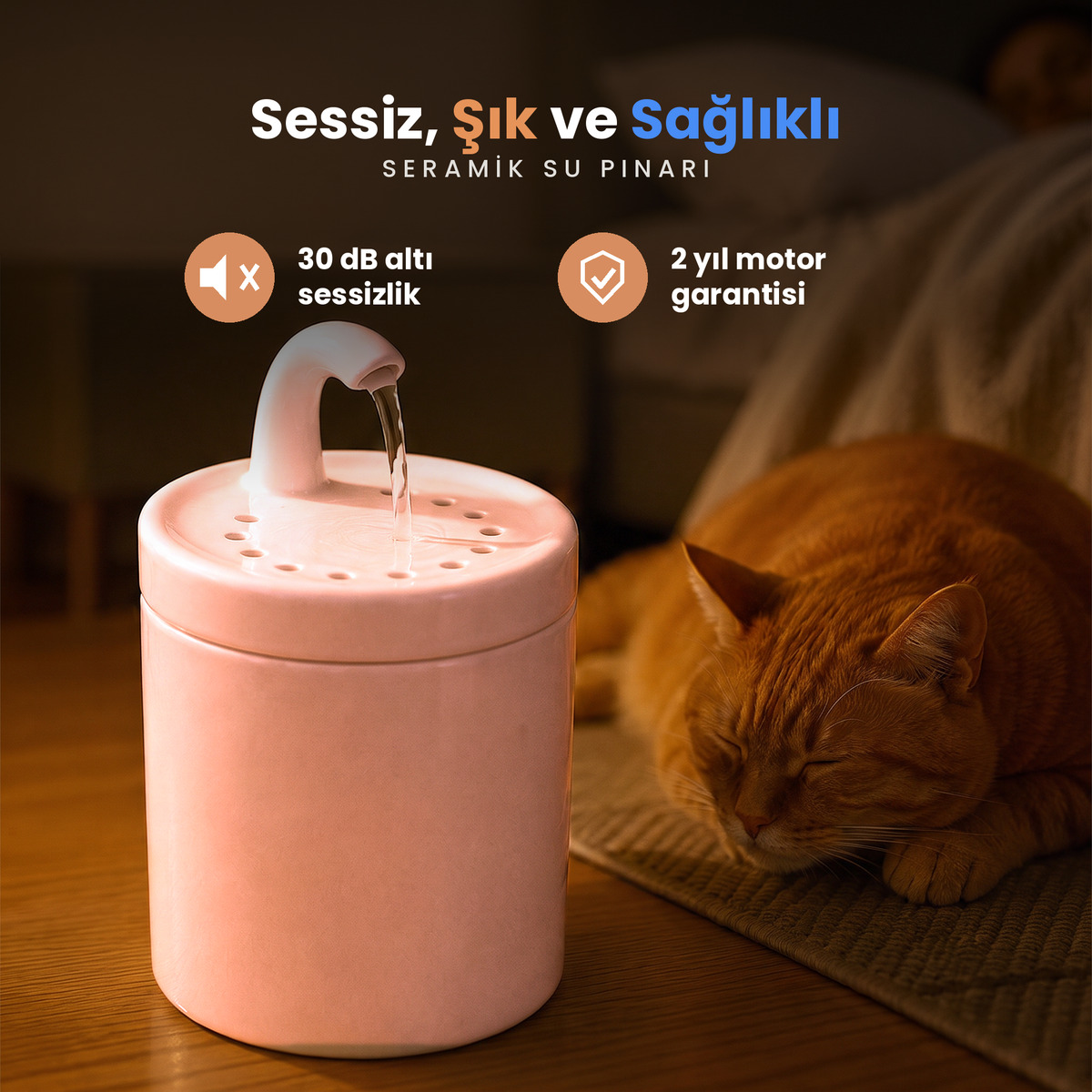 Pembe Petyco seramik kedi su pinari