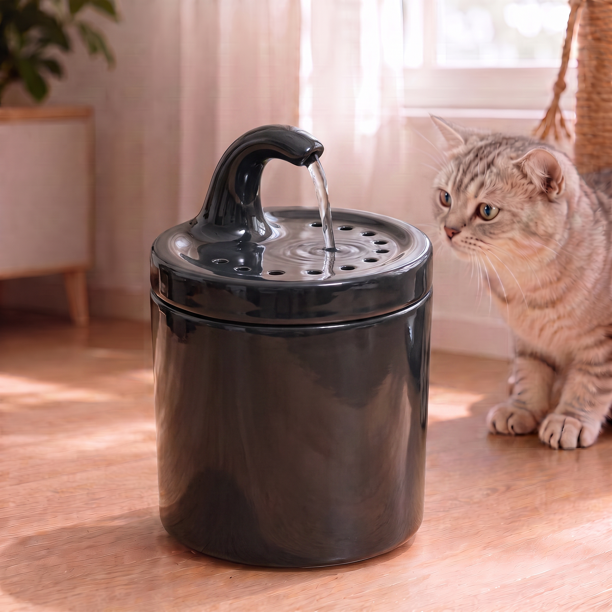 Siyah Petyco seramik kedi su pinari