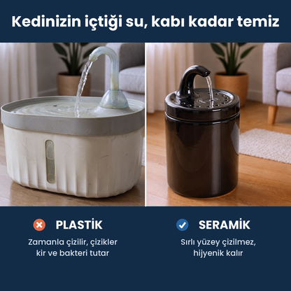 Siyah Petyco seramik kedi su pinari