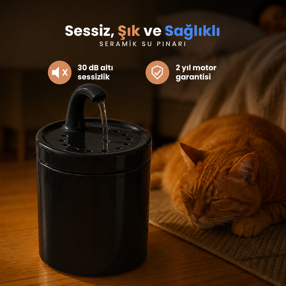 Siyah Petyco seramik kedi su pinari