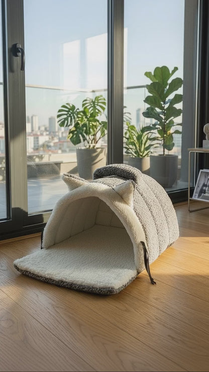 PatiKoza Kulaklı Tünel Kedi Yatağı – Yumuşak Peluş Kedi Evi